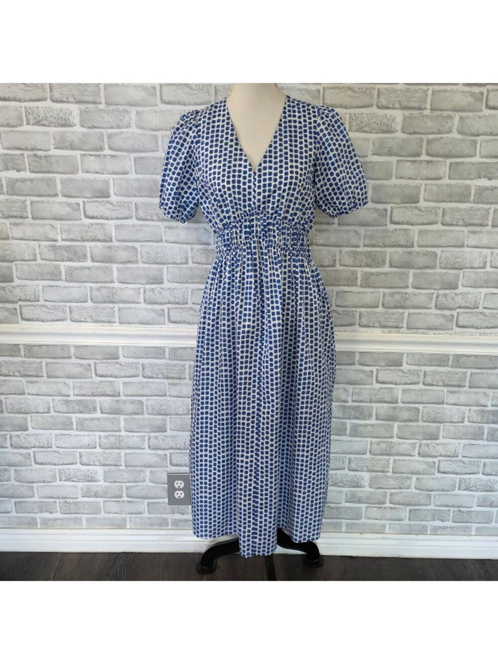 FOIL 100% Cotton Geometric Dot V-Neck Puff Sleeve Midi Dress 4 Blue White Retro
